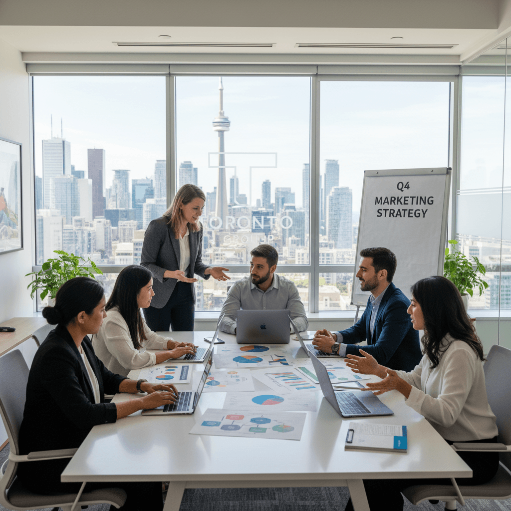 Marketing team collaborating in a bright Toronto office