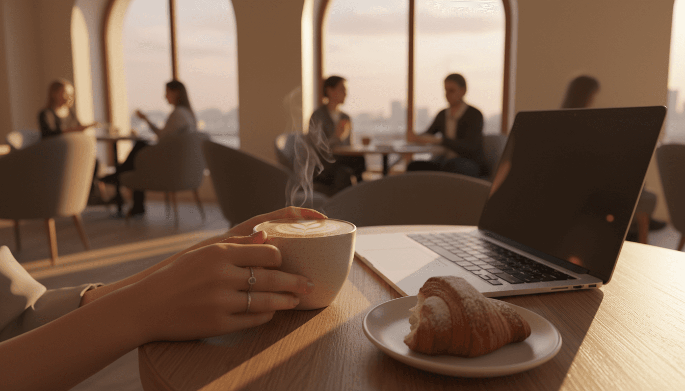 Person checking a social media feed on a phone at a café table