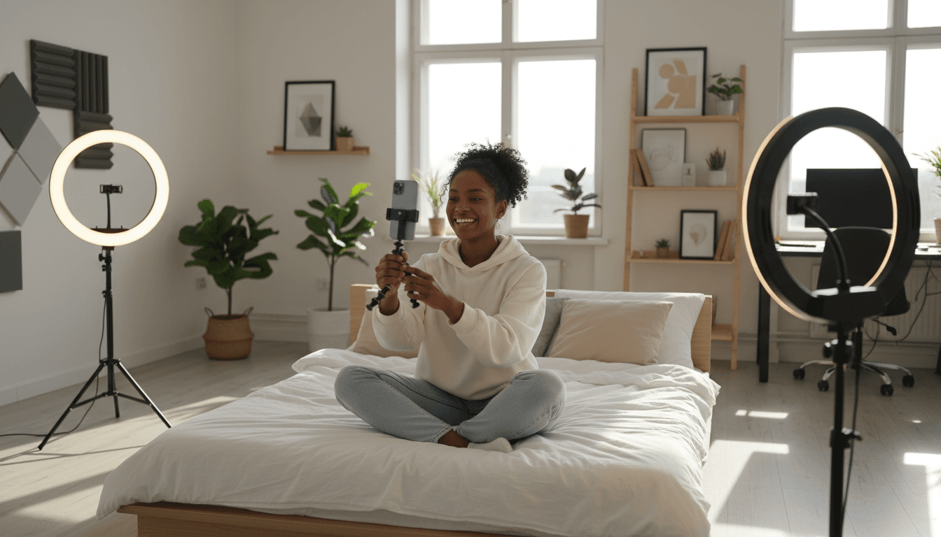 Content creator adjusting a camera on a tripod in a studio