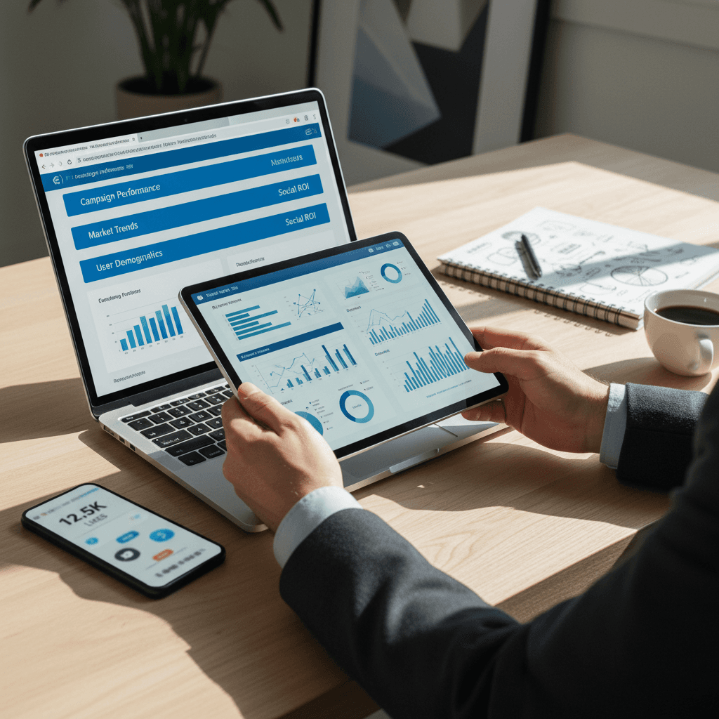 Hands holding a tablet with analytics charts, blurred office background