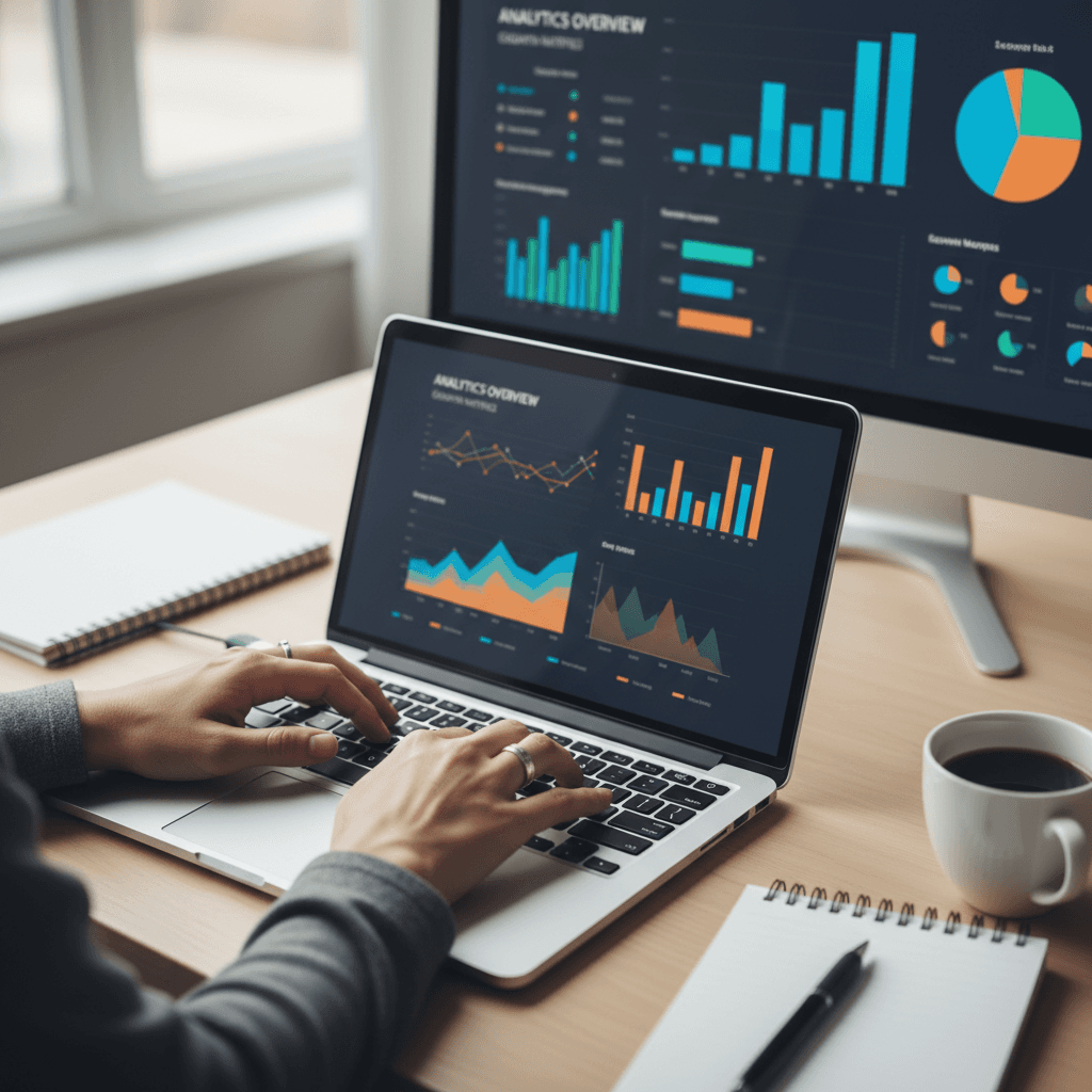 Hands working on a laptop showing analytics dashboards and a content calendar